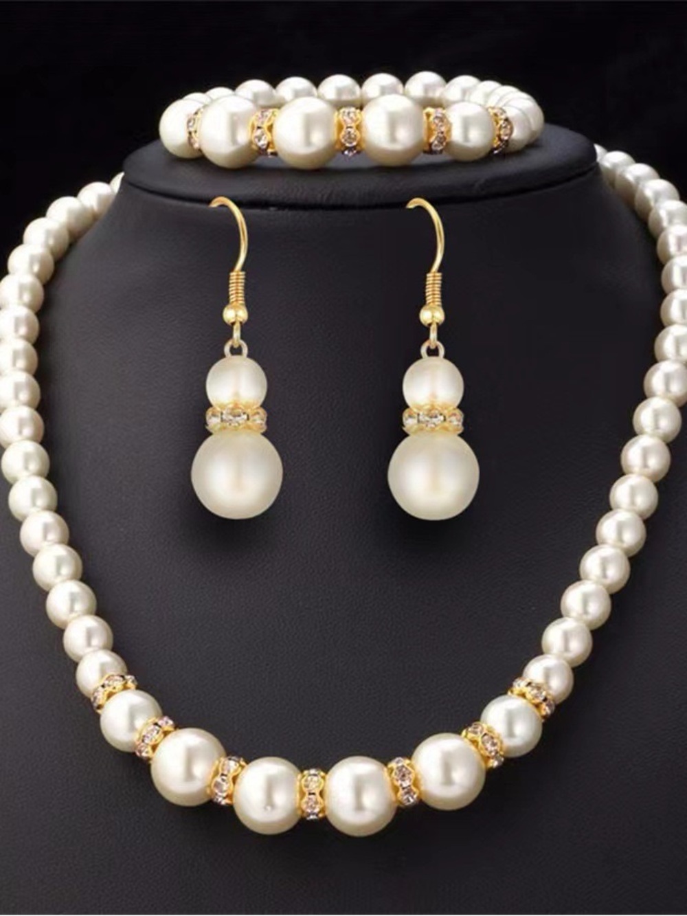 Classic Pearl Necklace & Earrings Set - Gold Accents - Women Jewelry